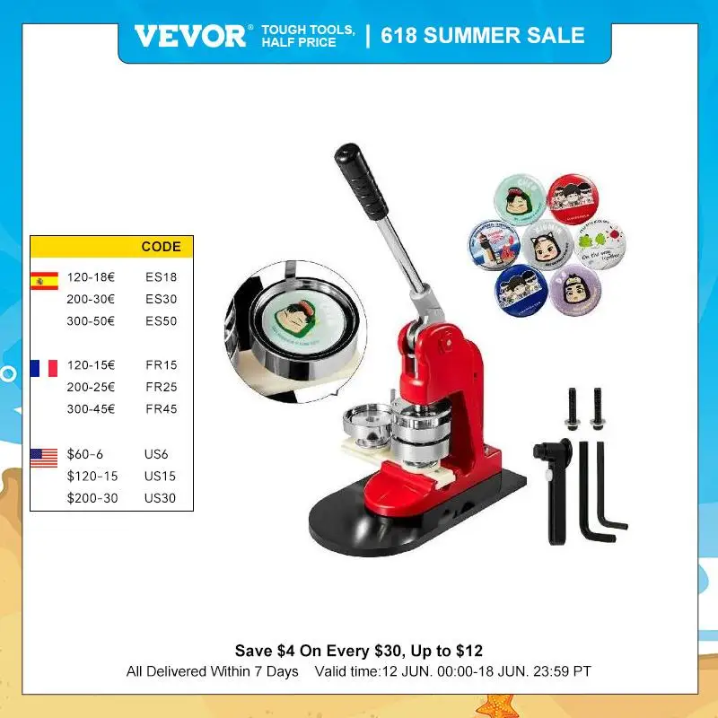 VEVOR 25-75MM Badge Maker Machine DIY Button Pin Broochs Press Making Tool with 500 or 1000Pcs Circle Manufacture Button Parts