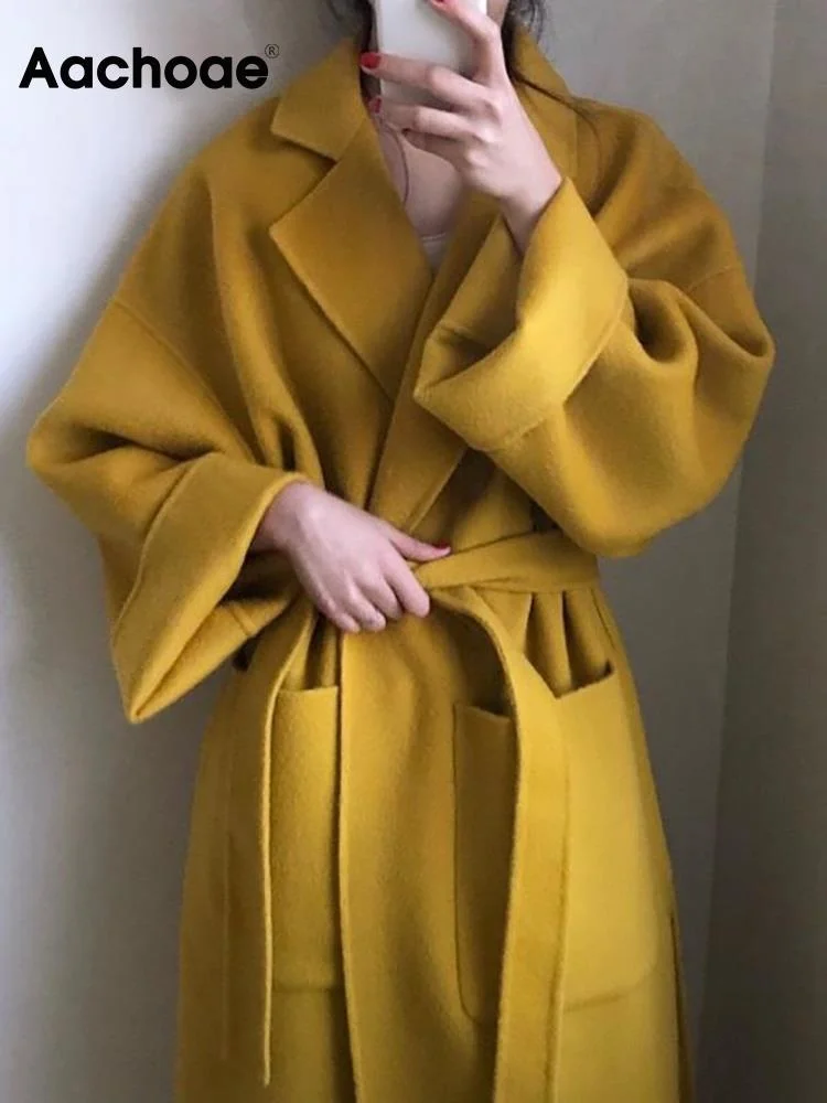 

Aachoae Elegant Solid Long Wool Coat Women Batwing Long Sleeve Loose Drop Shoulder Pocket Coat Split Hem Chic Stylish Jacket