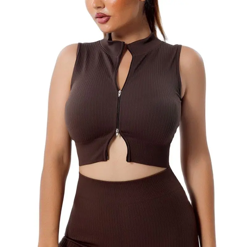 Seamless Women Athletic Zip Vest Running Yoga Tops High Neck Sleeveless Shirts Sports Top Fitness Women Workout Tops