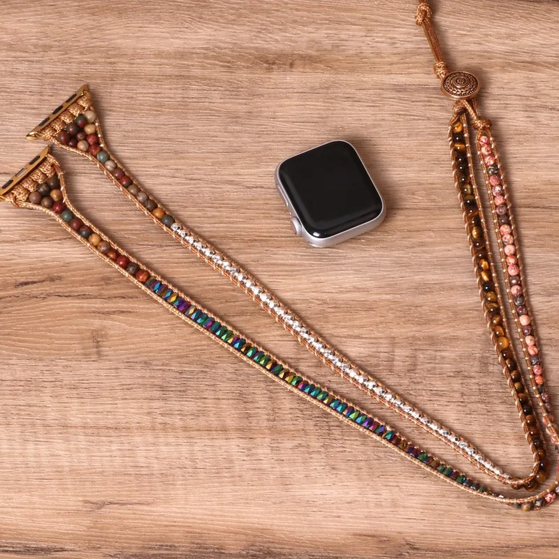 Bohemian Watch Band Women Tiger Stone Bead Woven Watch Band Bracelet Strap for Apple Watch Retro Jewelry Multi Wrap BraceletGift