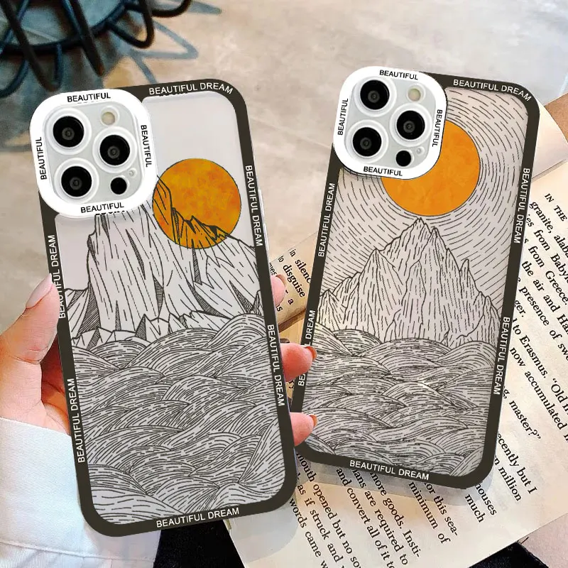 

Sunset Peak Line Design Pattern Clear Phone Case For iPhone 11 12 13 14 Pro Max 7 8 Plus SE 2020 X XR XS Shell Protection Covers