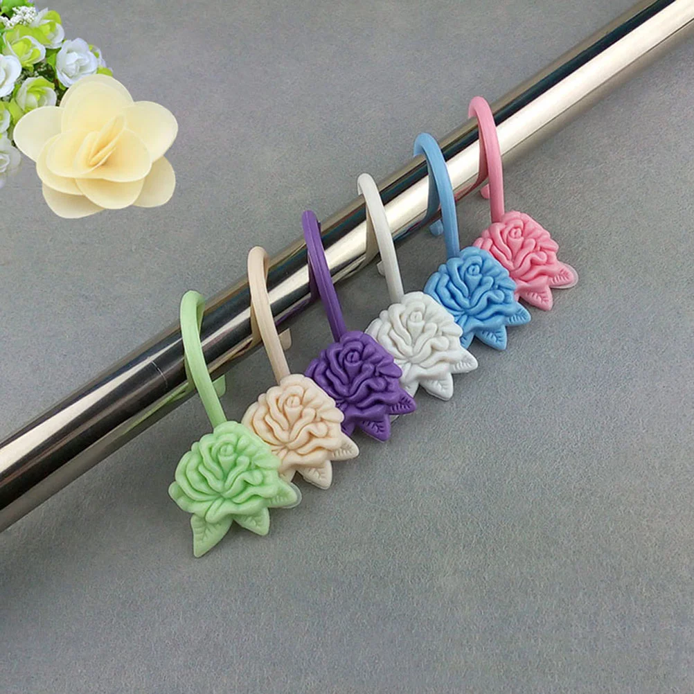

18pcs Curtain Hooks Rose Shape Decor Bath Drape Loop Clip Glide Rings Hangers (Green, Blue, Purple, White,