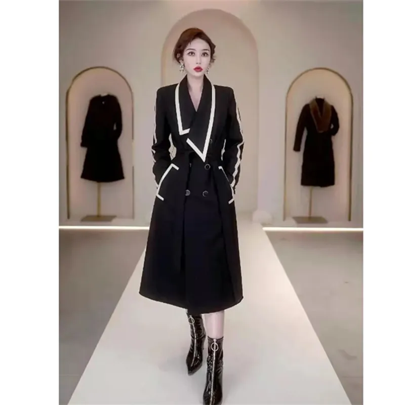 

Тренчкот женский двубортный с поясом, модная верхняя одежда с длинным рукавом, элегантная ветровка с карманами, повседневный черный, осень