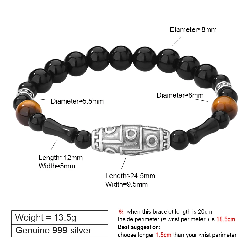 Браслет из чистого серебра ZABRA 999 пробы с обсидиановыми бусинами для мужчин и