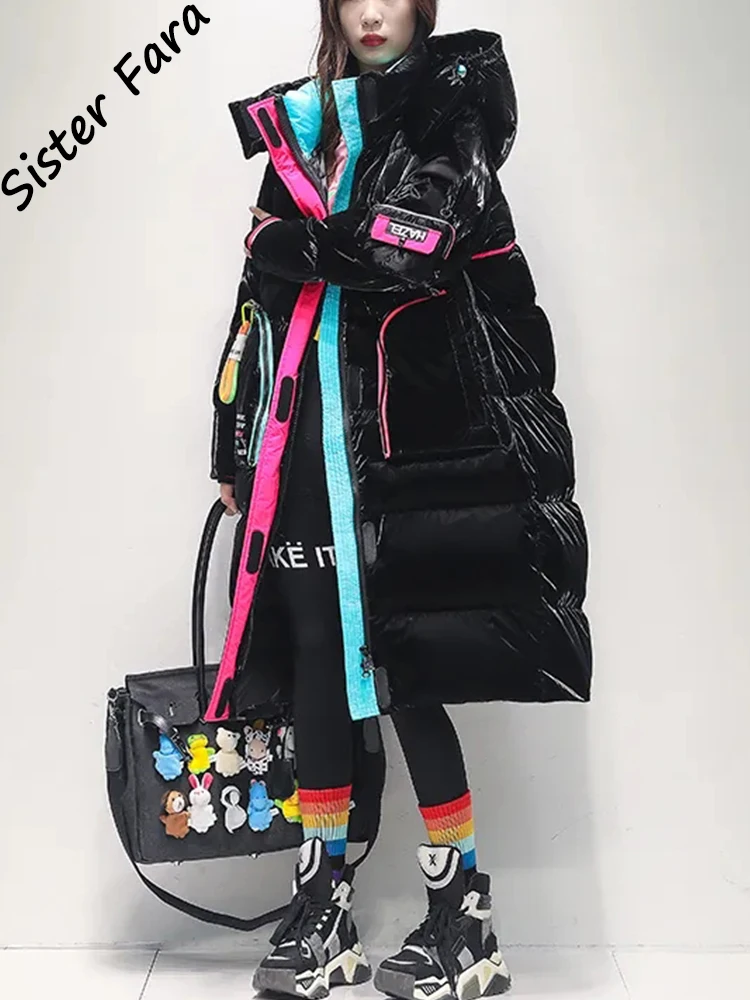 Sister Fara White Duck Down Collar Down Jacket Women Winter Warm Down Jacket Coat Female Glossy Loose Hooded Down Jacket Parka