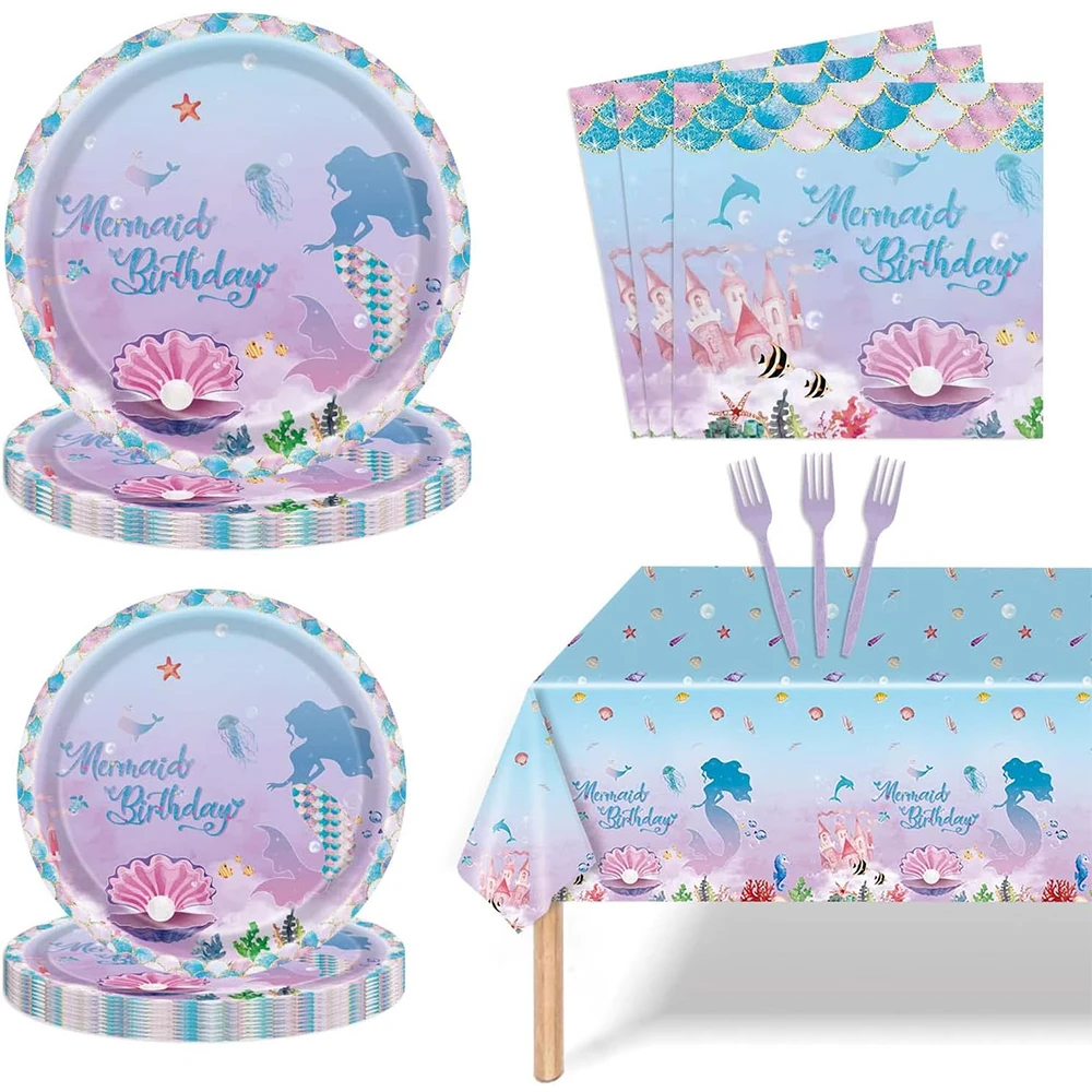 

Mermaid Party Disposable Tableware Set For 16 Guests Plates Napkins Forks Tablecloth For Girls Birthday Decoration Baby Shower