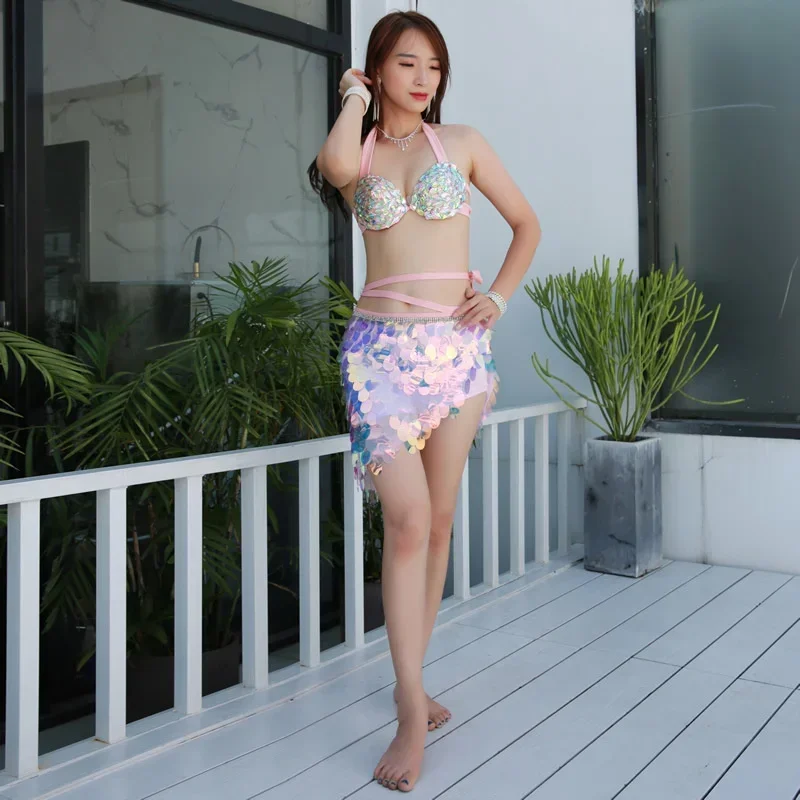 Женское платье-Русалка с блестками топ для Танцев Живота набедренный шарф Одежда