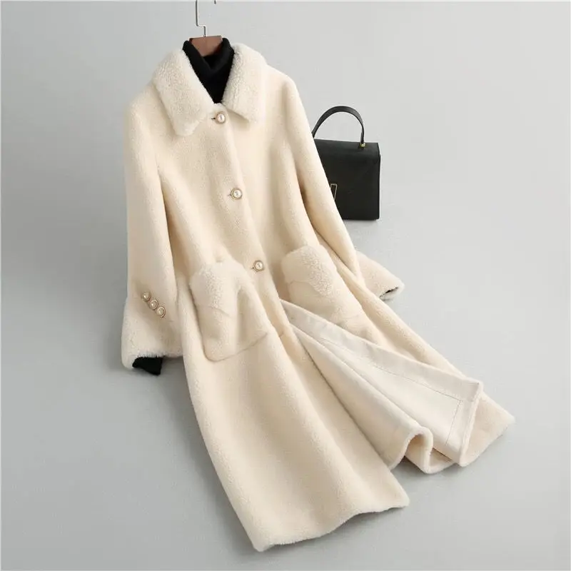 Winter 2022 High Quality Sheep Shearling Jackets Women Long Real Fur Coat Female Wool Casual Coats Single Breasted Clothes Tops