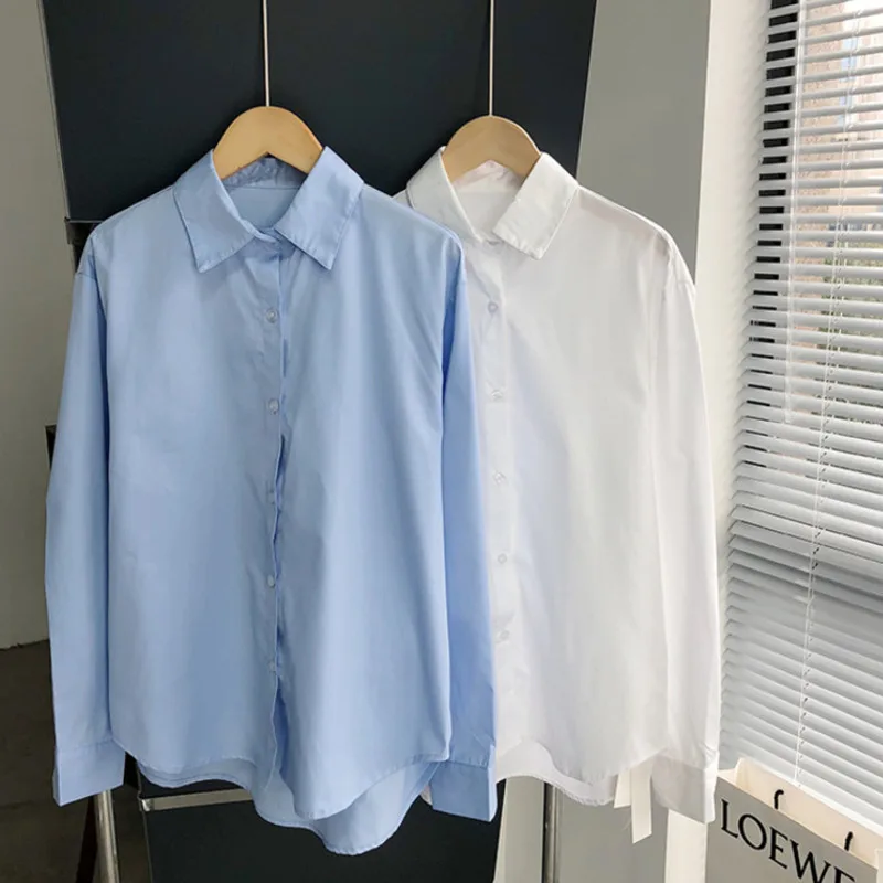 

Женская одежда в Корейском стиле, Повседневная белая рубашка с длинным рукавом, Женский однотонный топ в стиле K-POP, женские темпераментные б...