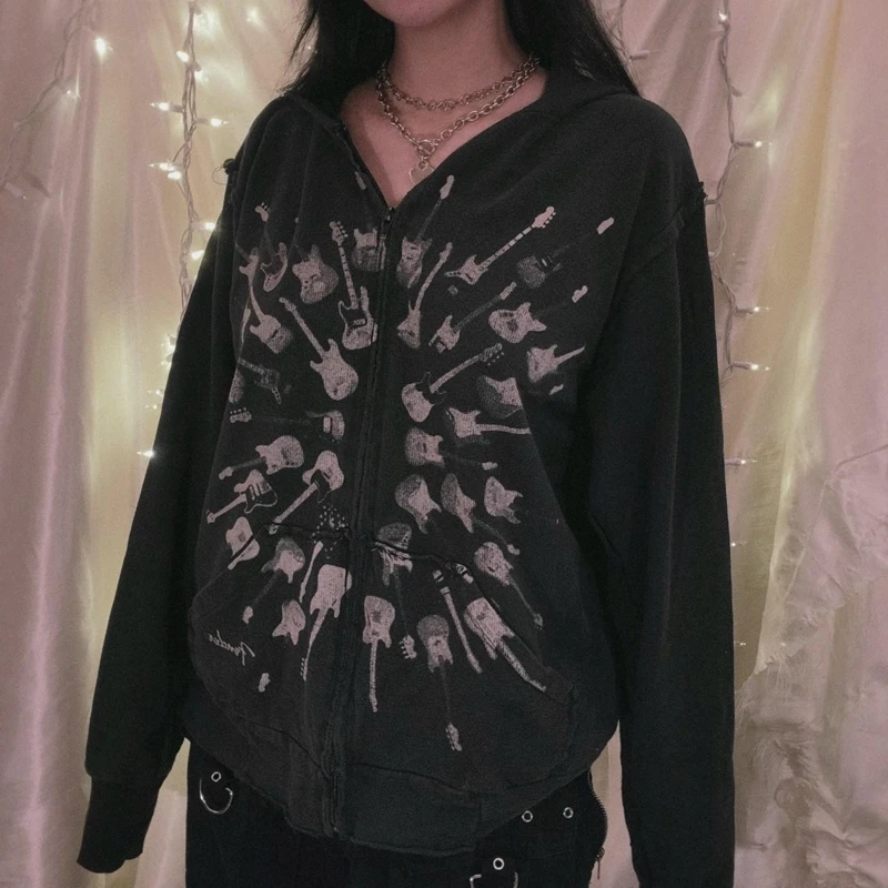 

Skater Grunge Emo 00s Vintage Sweatshirt Y2K Cyber Skull Print Zip Up Hoodies E-girl Gothic Mall Goth Punk Coat Harajuku Clothes