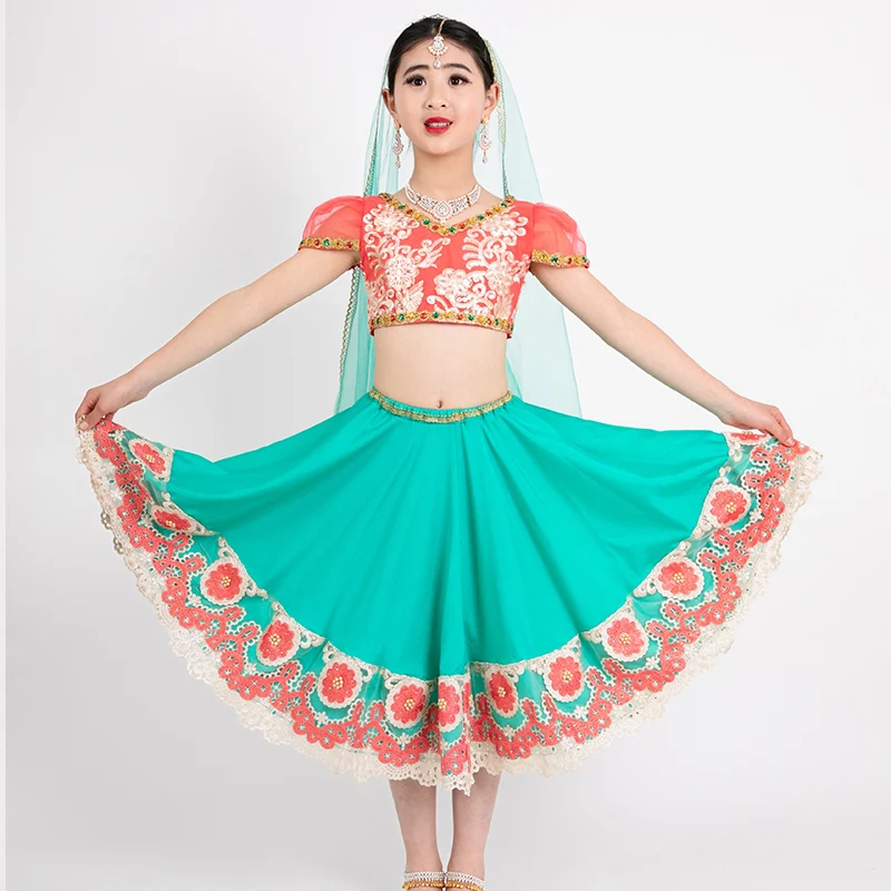 2023 детские индийские танцевальные костюмы большая юбка-качели шарф верхняя