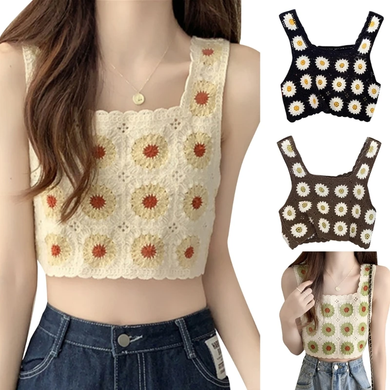 

Hollow out Knit Daisy Crop Top Women Vintage Sweet Crochet Sleeveless Camisole Vintage Sexy Backless Seaside Sling