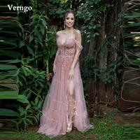 verngo blush pink tulle long prom dresses off the shoulder applique side slit elegant evening gowns arabric women party dress