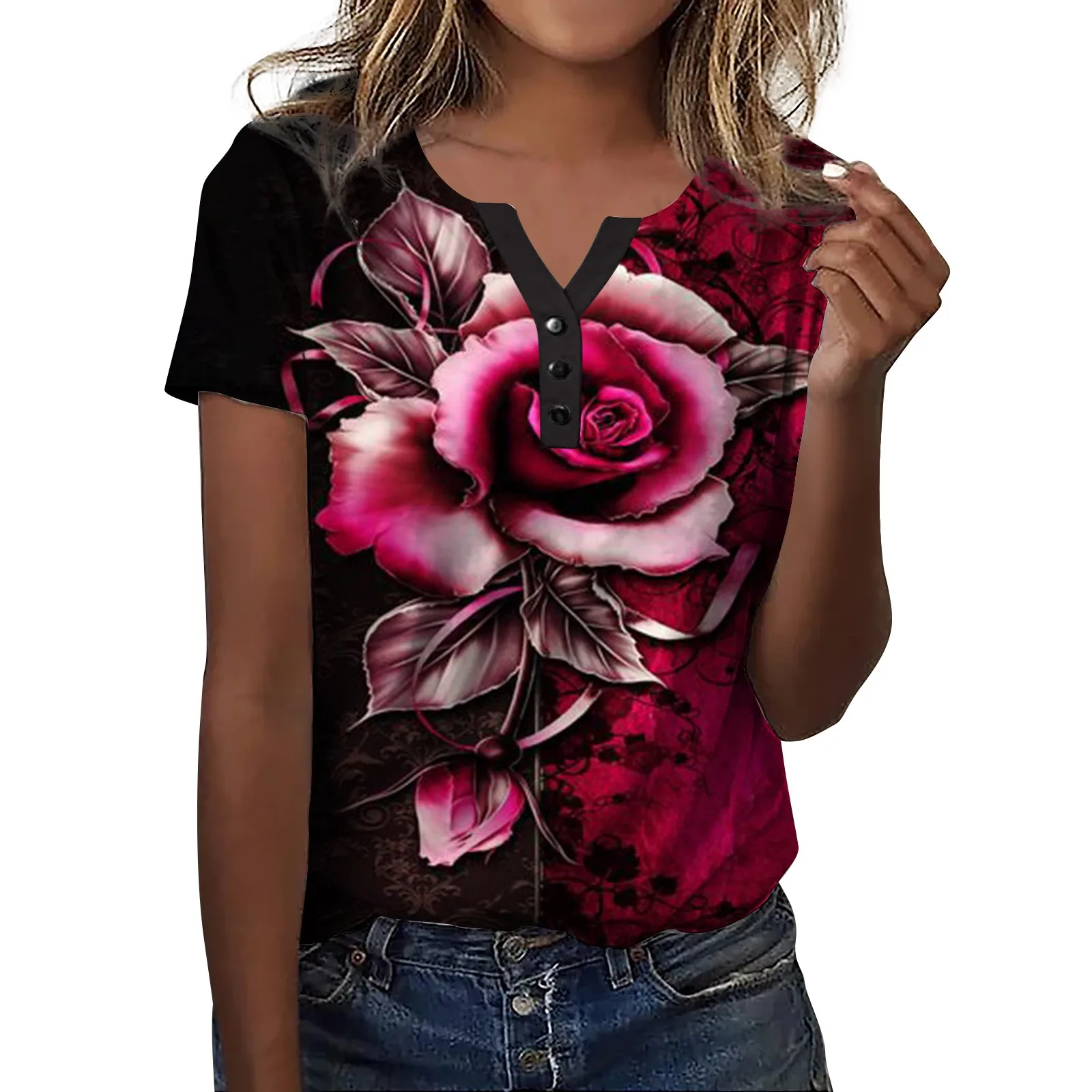 

Women'S Summer T-Shirt Flower Printing Patchwork Collar Button Short Sleeve Casual Daily Basic Regular Tops Top Women Fashion