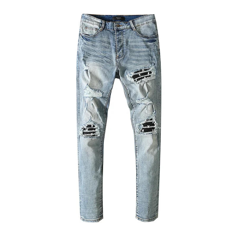 

2022 New Summer Fashion Men's Jeans Vintage washed worn and damaged Black Patchwork blue jeans high street jeans hombre