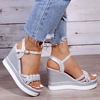 new solid summer pumps for womans club shoes fashion wedges flat women sandals blingbling peep toe sexy female party high heels