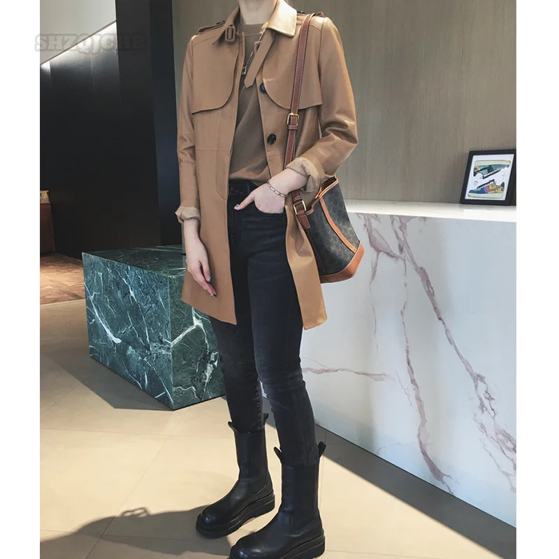 

Classic Genuine Leather Lapel Middle Caramel Black Natural Strap Straight Leather Belt Trench Coat Leather Temperament Coat 2023