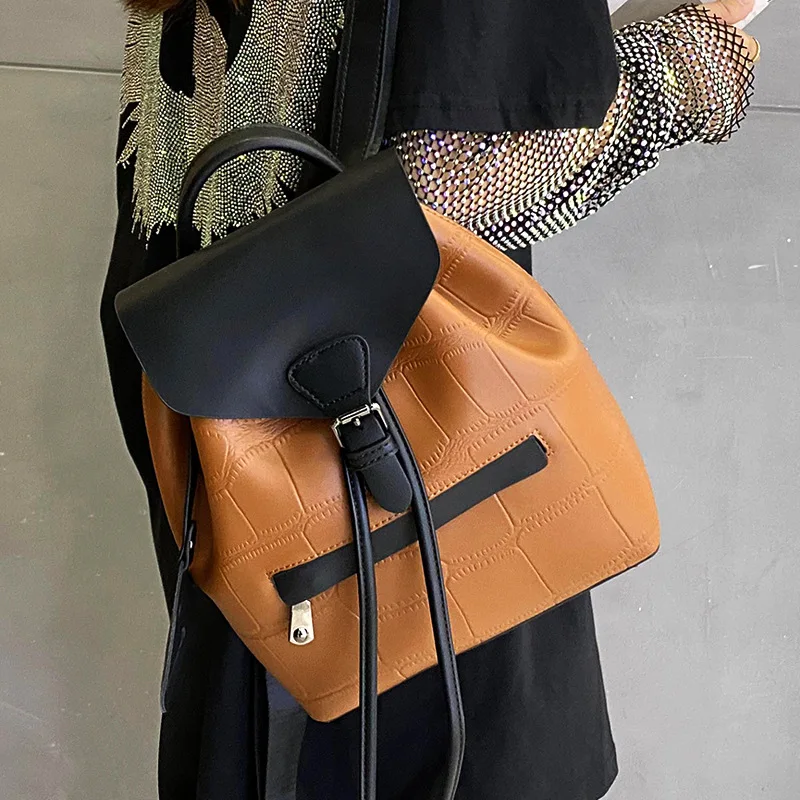 Backpack Female 2022 New Leather Handbag Fashion Color Matching Ladies Leather Backpack Bag