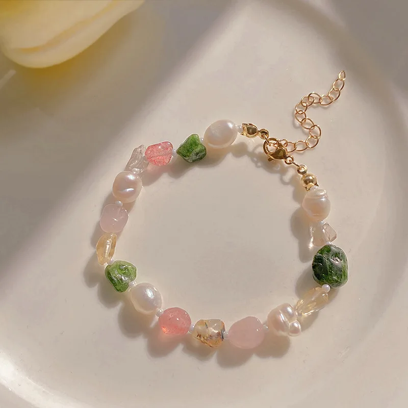 

Minar Korea Japan Rainbow Irregular Crystal Pendant Bracelet for Women Baroque Pearl Strand Charm Bracelets Daily Accessories