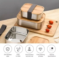 2022stainless steel lunch box with wood cover tableware japanese bento box for school kids office portable food container