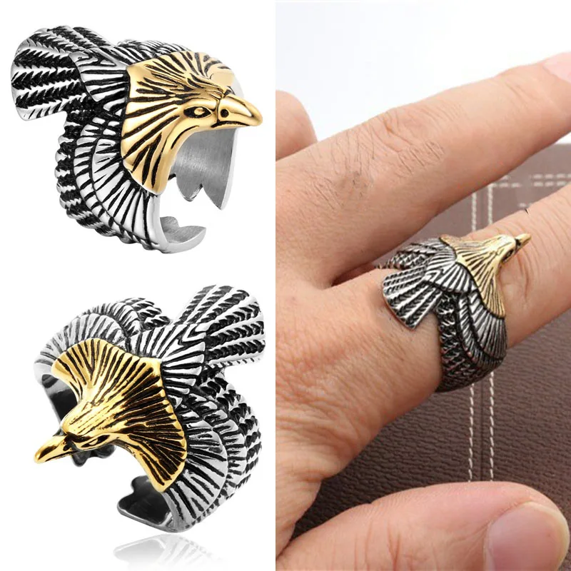 

Carved Flying Eagle Wing Opening Ring For Men Animal Knight Adjustable Ring Punk Unique Party Viking Biker Cuff Ring Jewelry