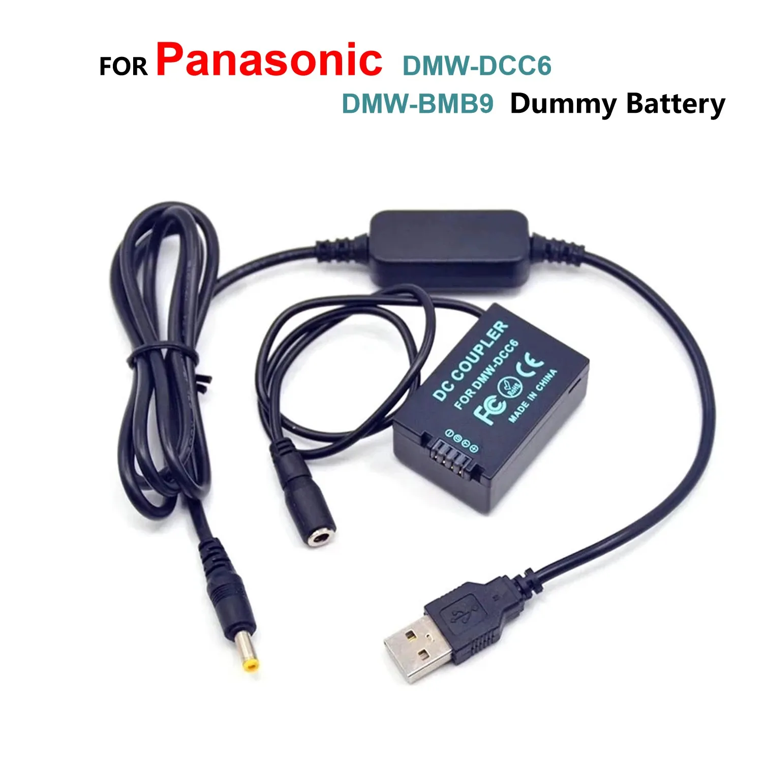 

5V USB Cable Adapter + DMW-DCC6 DMW-BMB9 Dummy Battery Power Bank For Panasonic Lumix DMC-FZ45 FZ47 FZ48 FZ60 FZ70 FZ72 FZ100