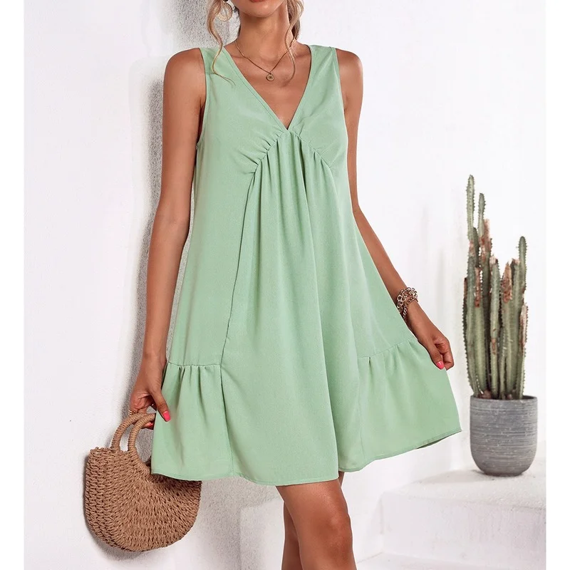 

YEMOGGY Elegant Women Summer Dresses 2022 New Casual Loose Waist V-neck Solid Color Folds Sling Dress Skinny A-line Mini Dress