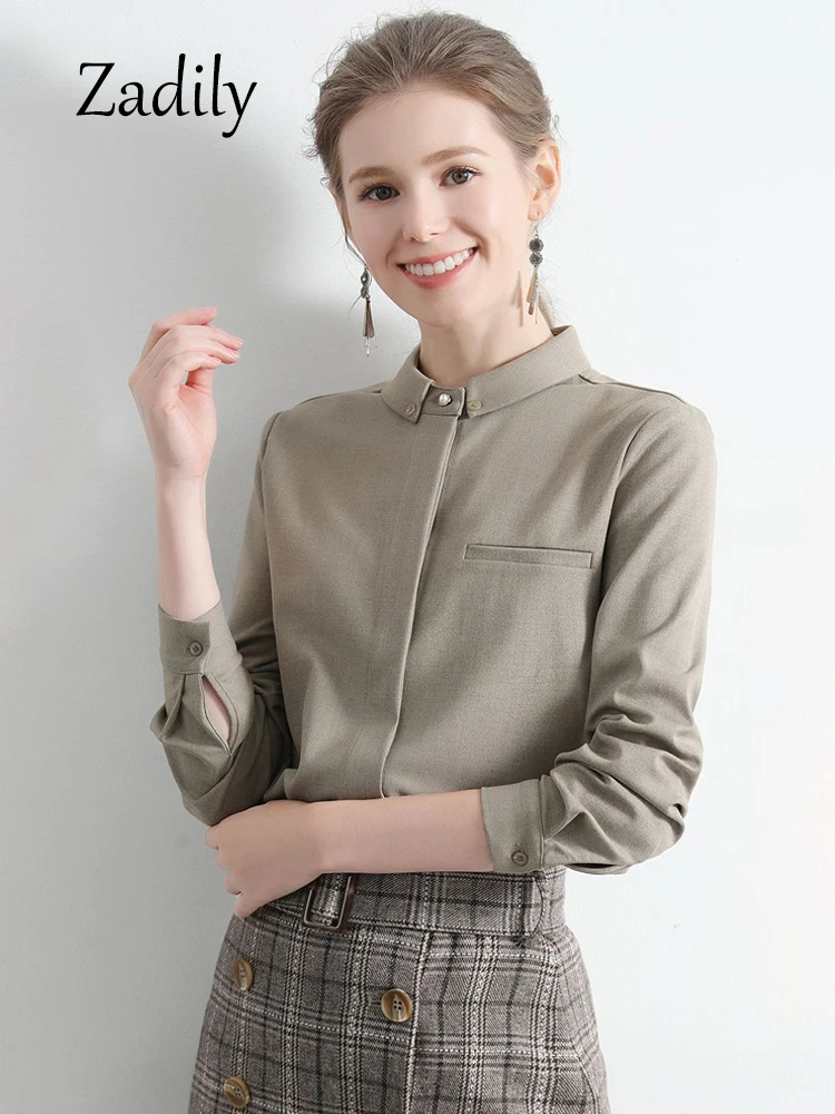 

Zadily Office Lady Stand Neck Basic Shirt Women Korea Style Long Sleeve Button Woman Tunic Blouse 2023 Spring Work Female Tops