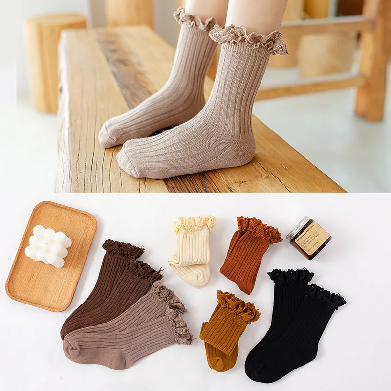 1-8 Years Spring Autumn Winter Cotton Baby Girls Socks Solid Color Ruffle Socks Lace Socks Jacquard Hose Mid-calf Socks