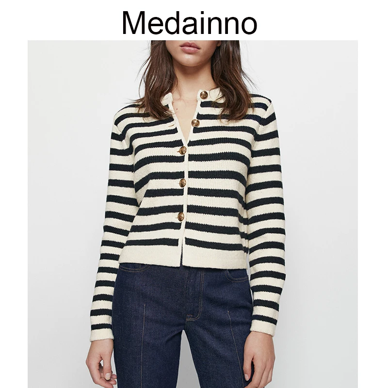 Medainno 2022 Autumn Winter Fashion Women New Single-breasted Striped Knitted Sweater Slim Cardigan Casual Simple Tops Female