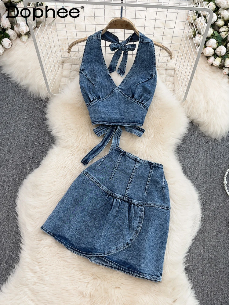 

2022 new autumn fashion women clothes blue color denim short halter tank sleeveless female top and mini skirt set