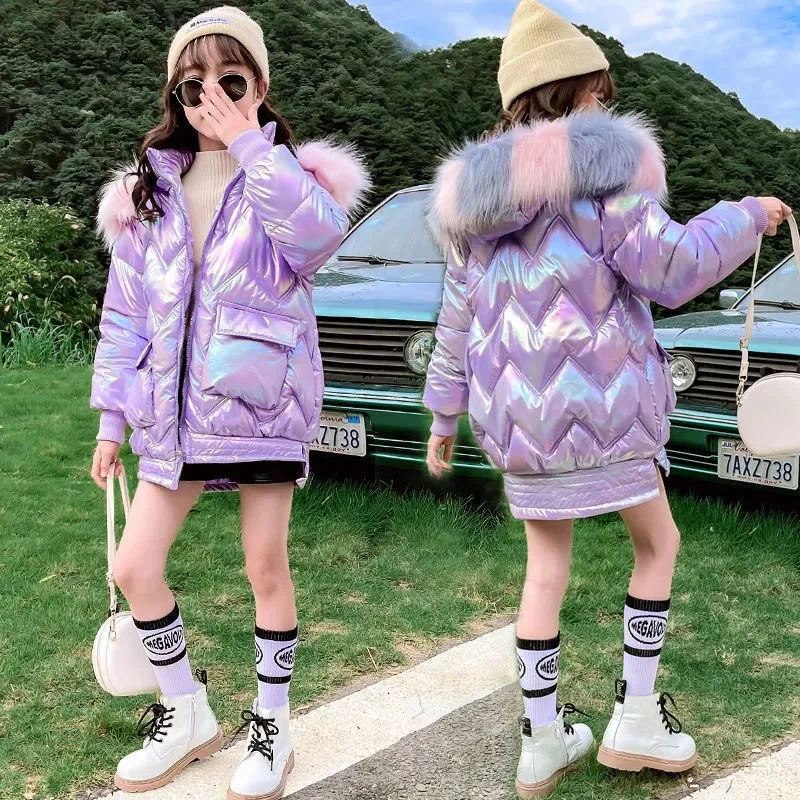 

Winter New Girls Shiny Outerwear Fashion Hooded Fur Collar Coats Plus Velvet Long Kids Parkas Thick Warm Girl Down Jackets 5-12Y