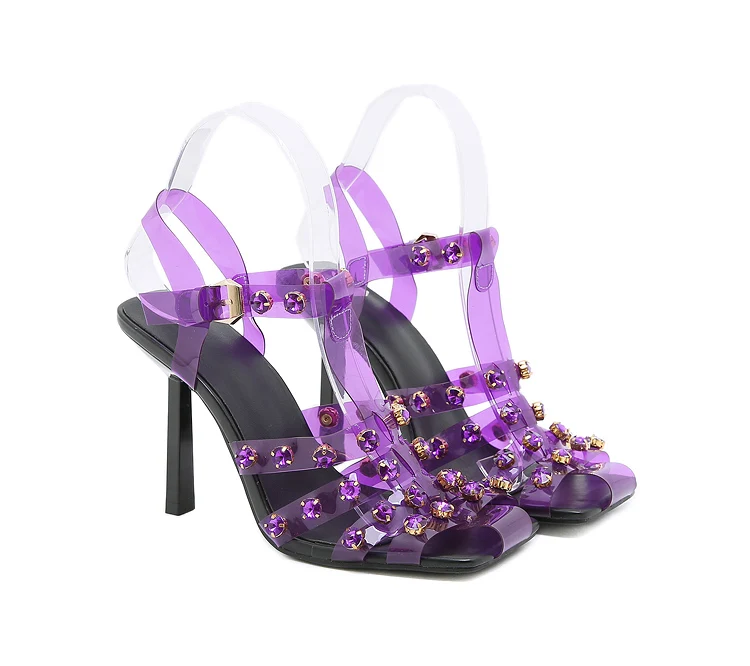 

Summer New Sexy Ladies Rivet Sandals Fashion High Heel Party Women's Shoes Hollowed out Rhinestone Transparent Crystal Big Size