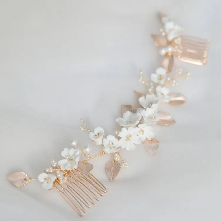 Женский гребень для волос длинный золотого цвета в форме листа белый фарфоровый