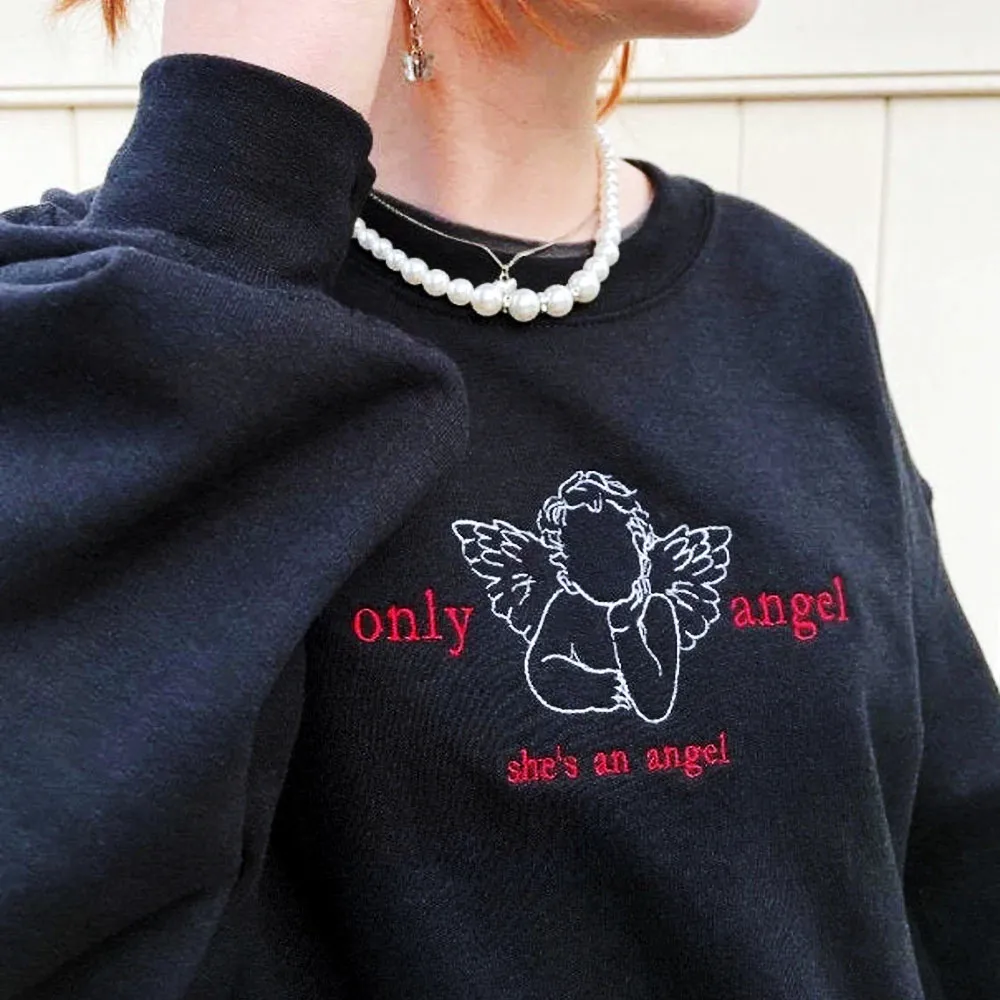 

She's An Angel Vintage Style Women Black Embroidered Sweatshirts Terry Cotton Loose Crewneck Jumpers Tumblr Fashion Pullovers