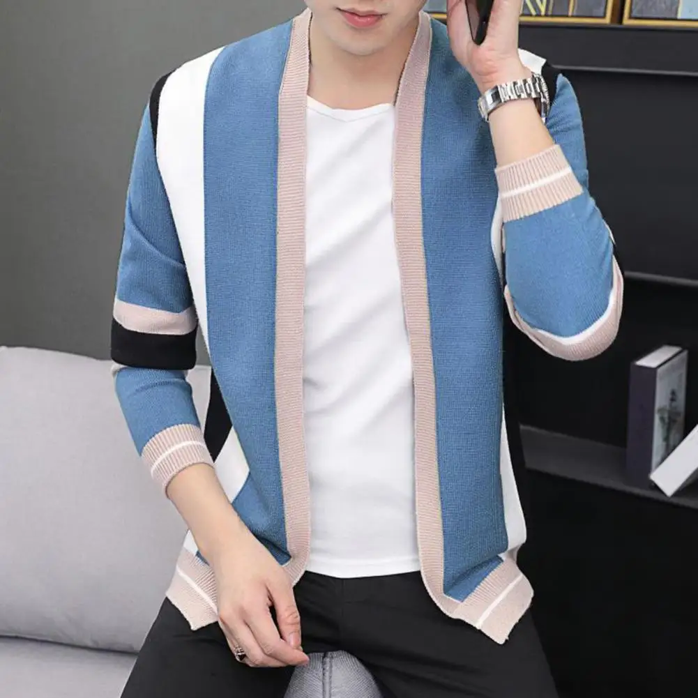 

Spring Sweater Jacket Stylish Open Stitch Striped Men Sweater Coat Color Matching Knitting Autumn Sweater Coat