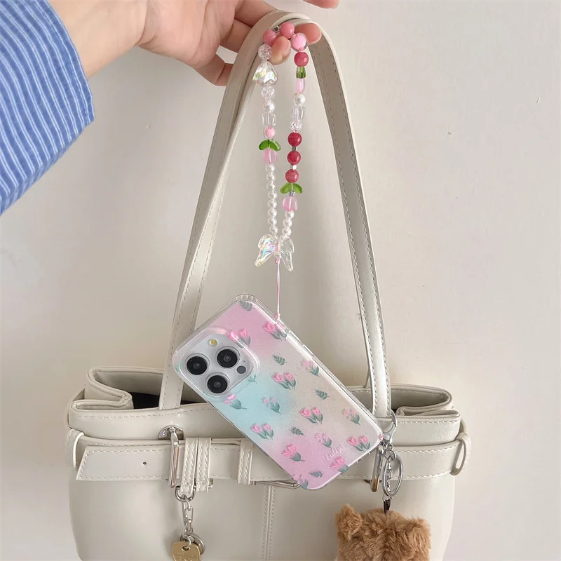 Чехол для телефона с цветами iPhone 16 Pro 15 13 14 Max 15Pro противоударный чехол цепочкой в