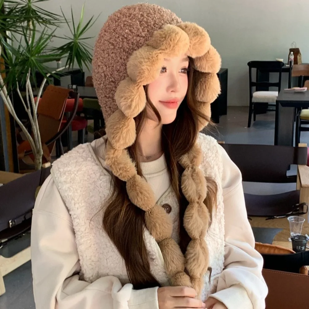 Шапка Вязаная унисекс с защитой ушей плюшевая ветрозащитная