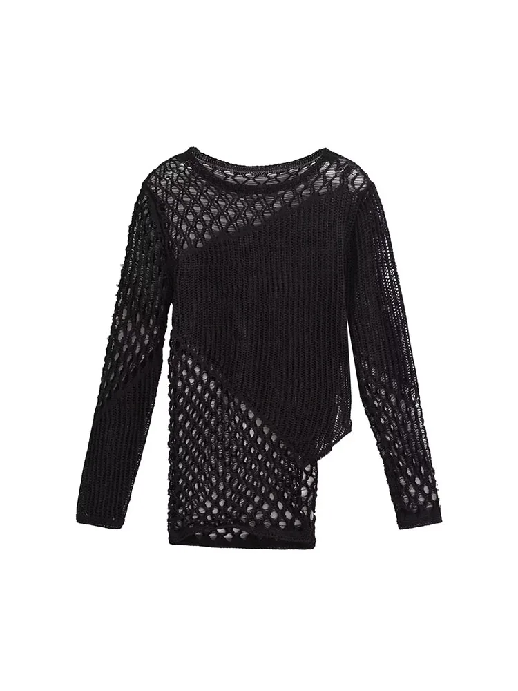 

PB&ZA Women New Fashion Hollow Sweater Knitwear Retro O-Collar Long Sleeve Slim-Fit All-Match Casual Female Shirts Chic Tops