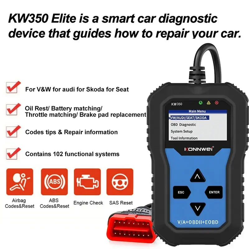Лучшее качество KONNWEI KW350 OBD2 сканер автомобильных кодов для VAG полная система ABS