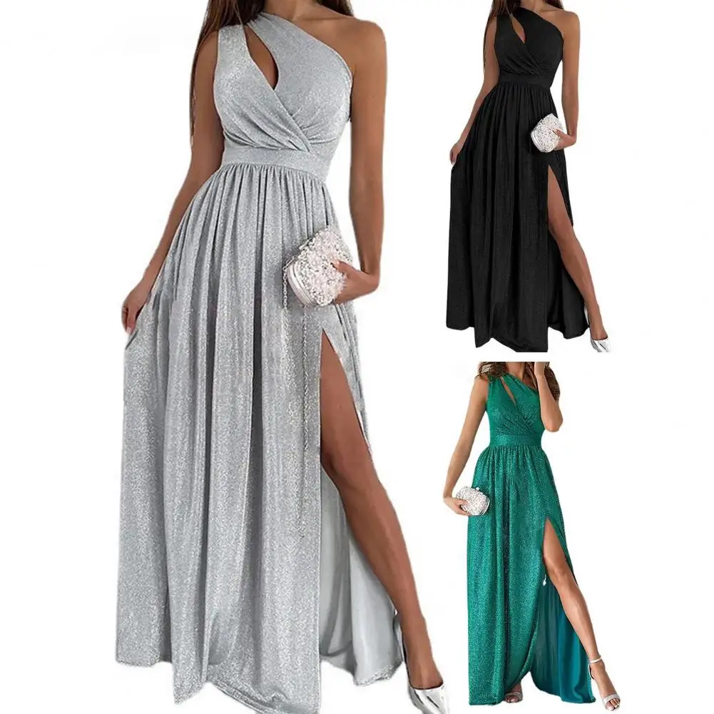 

Потрясающее летнее платье с длинным разрезом, облегающим поясом и косым плечом, банкетное платье