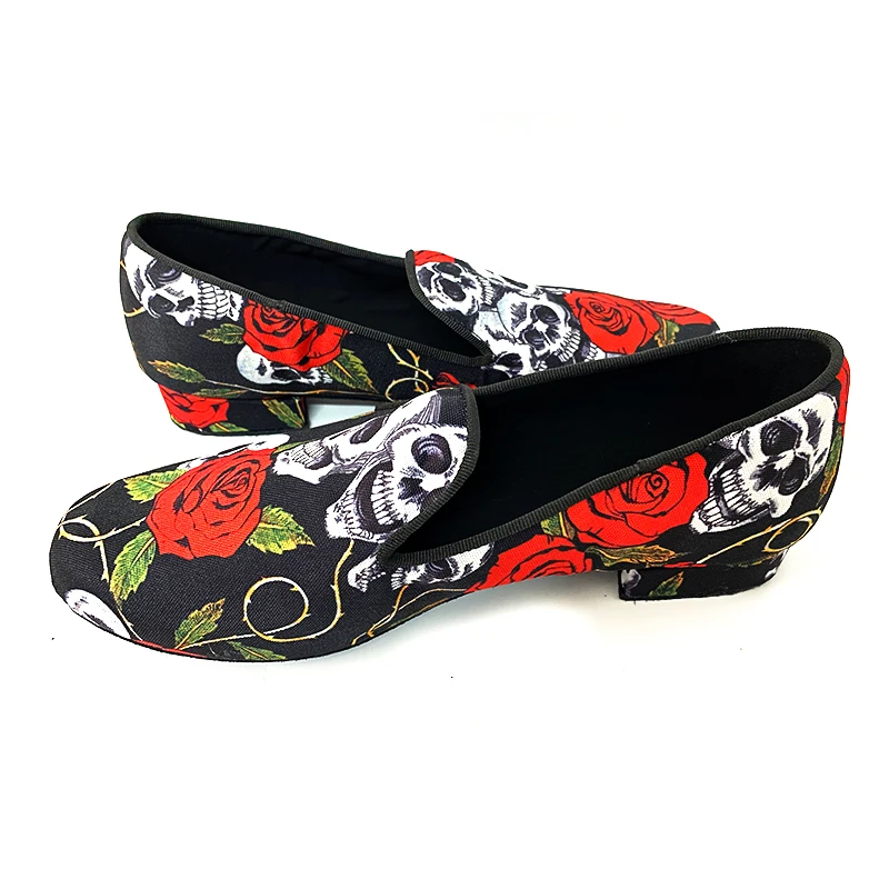 Zapatos de Baile Low Heel 2cm  Halloween Skull Red Flower Fabric SUEDE Outsole Bachata Latin Salsa Men Dance Shoes Indoor