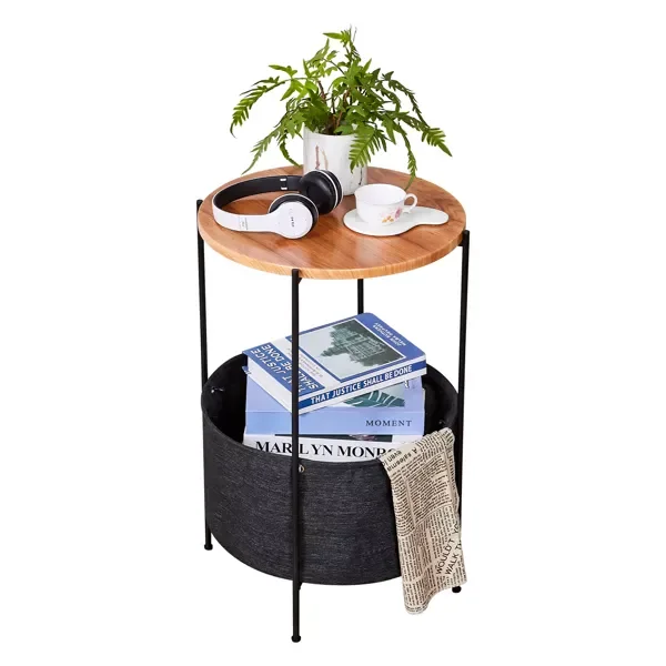 

Round Side Table with Storage Basket Small End Table Nightstand with Fabric Storage for Living Room Bedroom Home Office