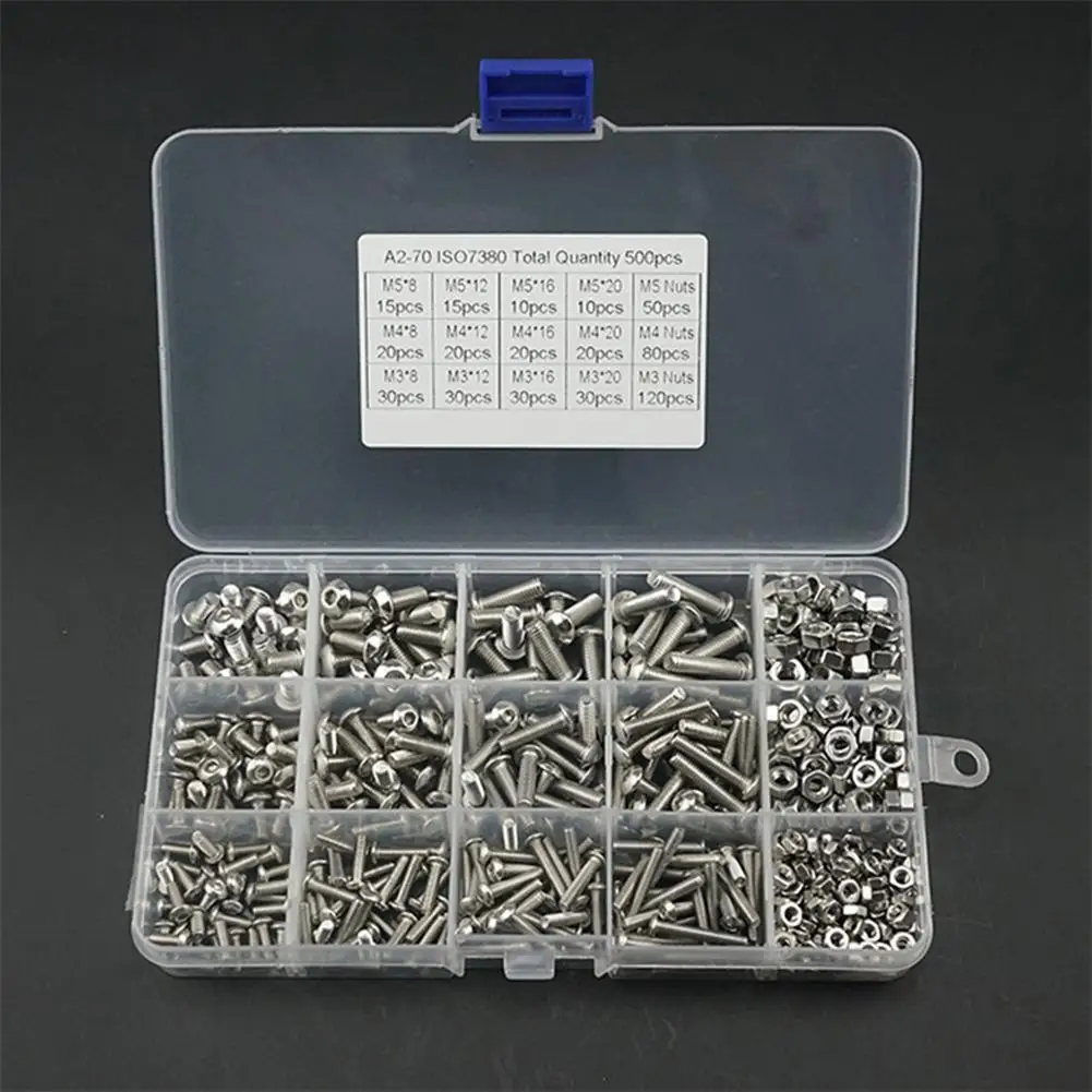 

NEW 500pcs Screw With Nut Combination Kit M3 M4 M5 304 Stainless Steel Round Head Hexagon Socket Screws Nut Set