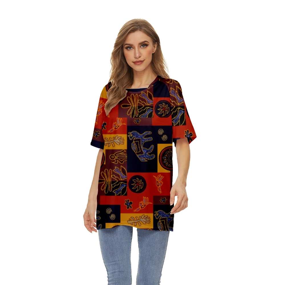 

New Women Fashion Tops Short-sleeved Vintage Splicing Printed U-neck Shoulder T-shirt Summer Short-sleeved