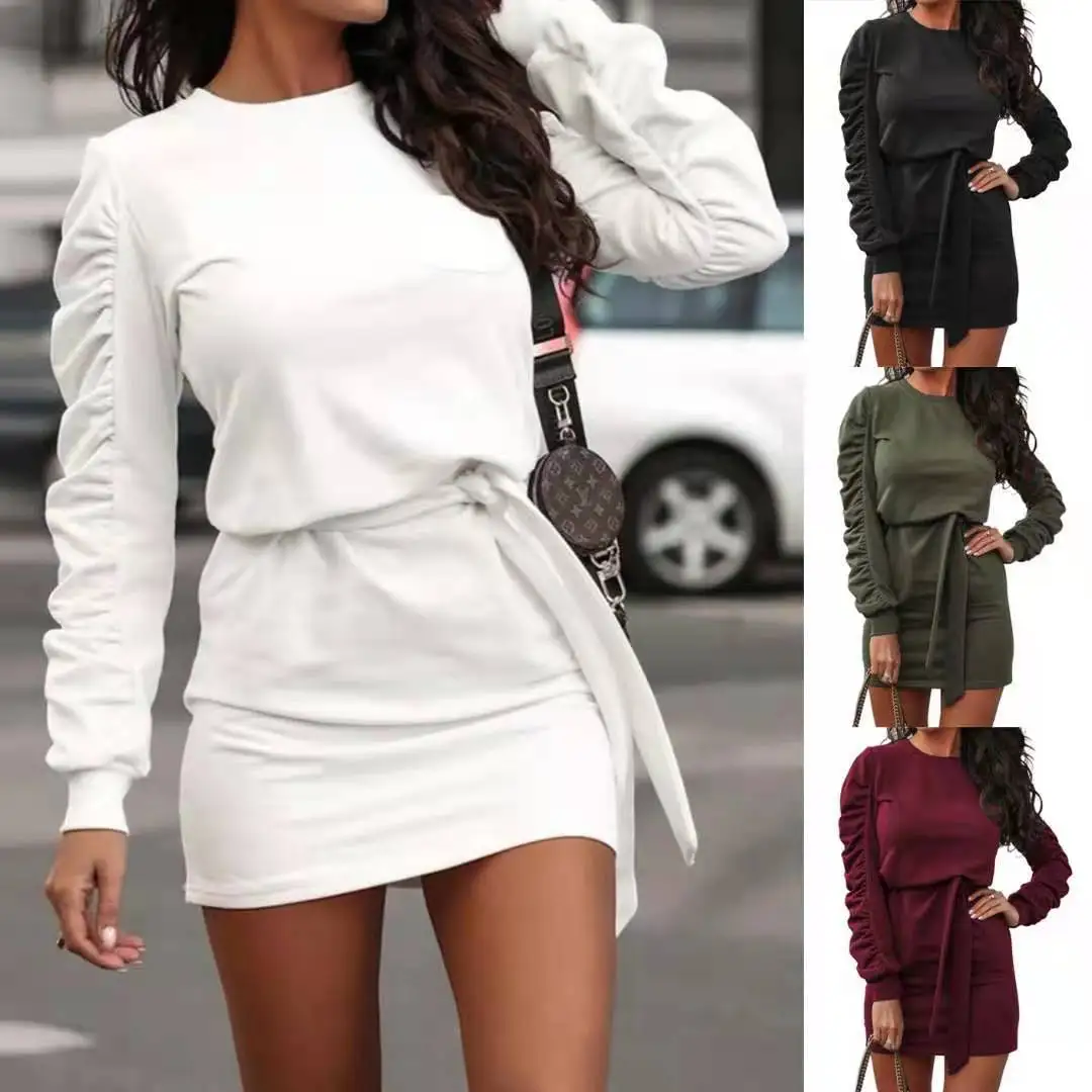 2023 Women's Clean Color Long sleeved Sweater Lacing Dress