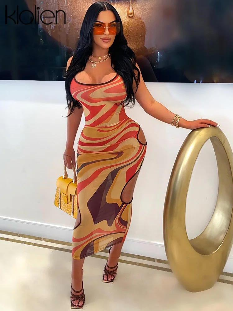 

KLALIEN Fashion Print Sleeveless Party Evening Long Dresses Women Summer Sexy Hollow Out Beach Vacation Midi Dress Vestidos