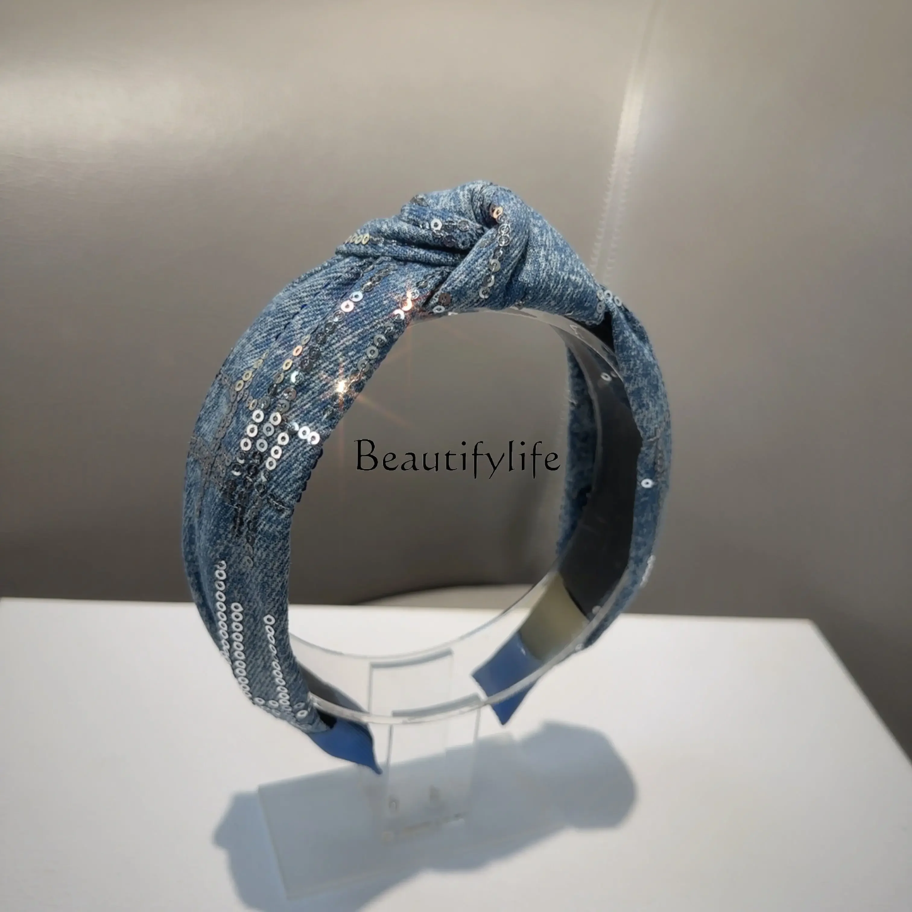 Джинсовая повязка на голову с блестками простые и универсальные аксессуары для