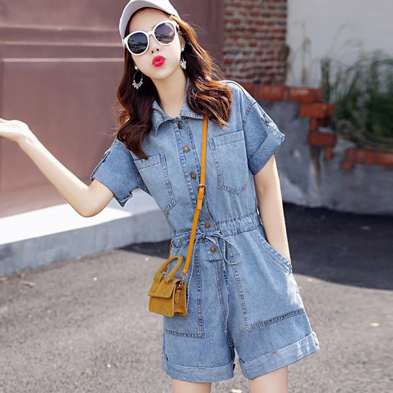 

Denim Jumpsuit Women Shorts Slim Waist Overalls Sexy Jeans Pants Blue Wide Leg Shorts Casual Loose High Waist Streetwear Party
