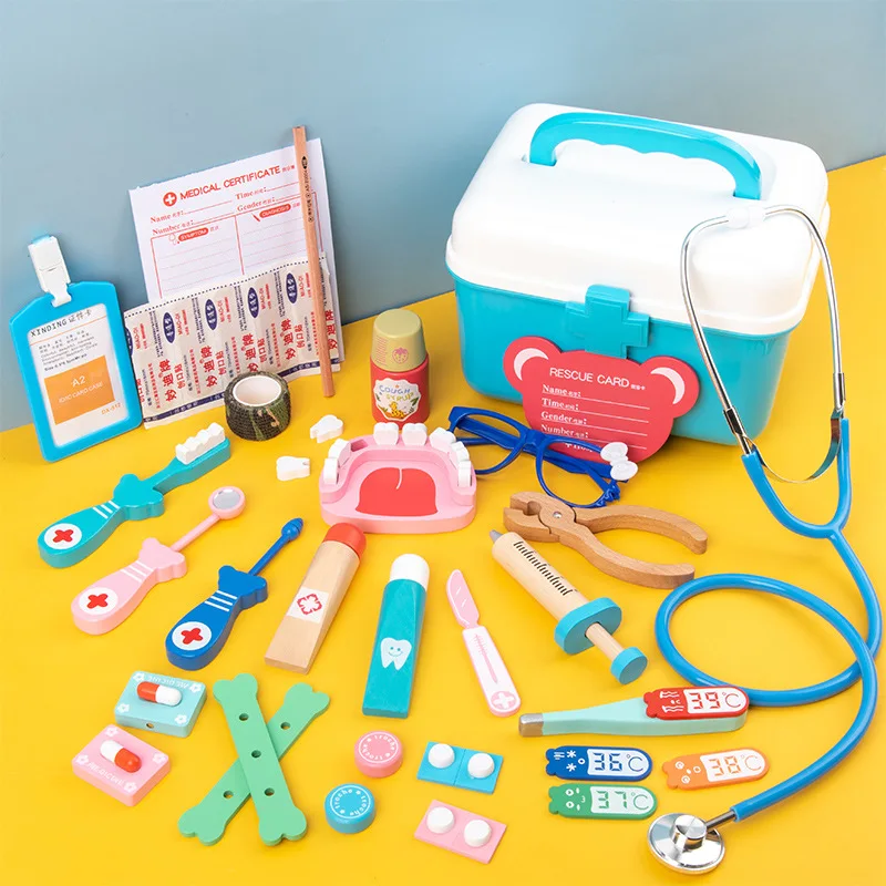 

Doctor Wooden Children's Simulation Play House Small Doctor Toy Set Boy and Girl Stethoscope Tooth Medicine Box Infusion Stand